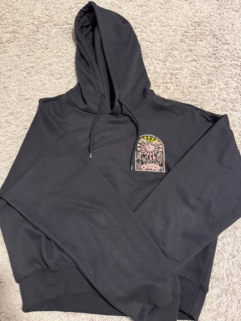 Volcom Black Crewneck Hoodie with Pink and Yellow Graphic